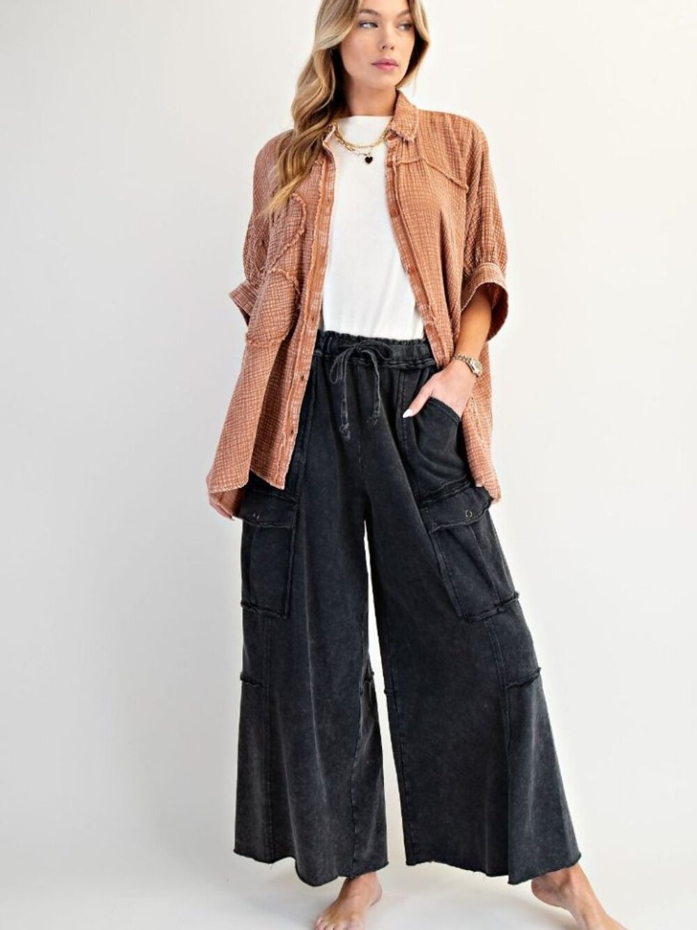 WASHED WIDE LEGS TERRY CARGO PANTS